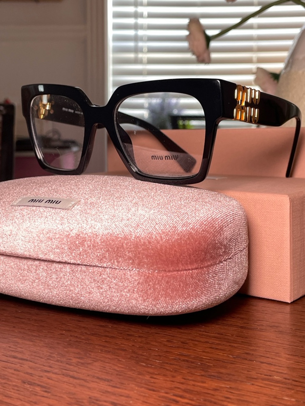 Miu Miu Black Square glasses with Gold Detailing